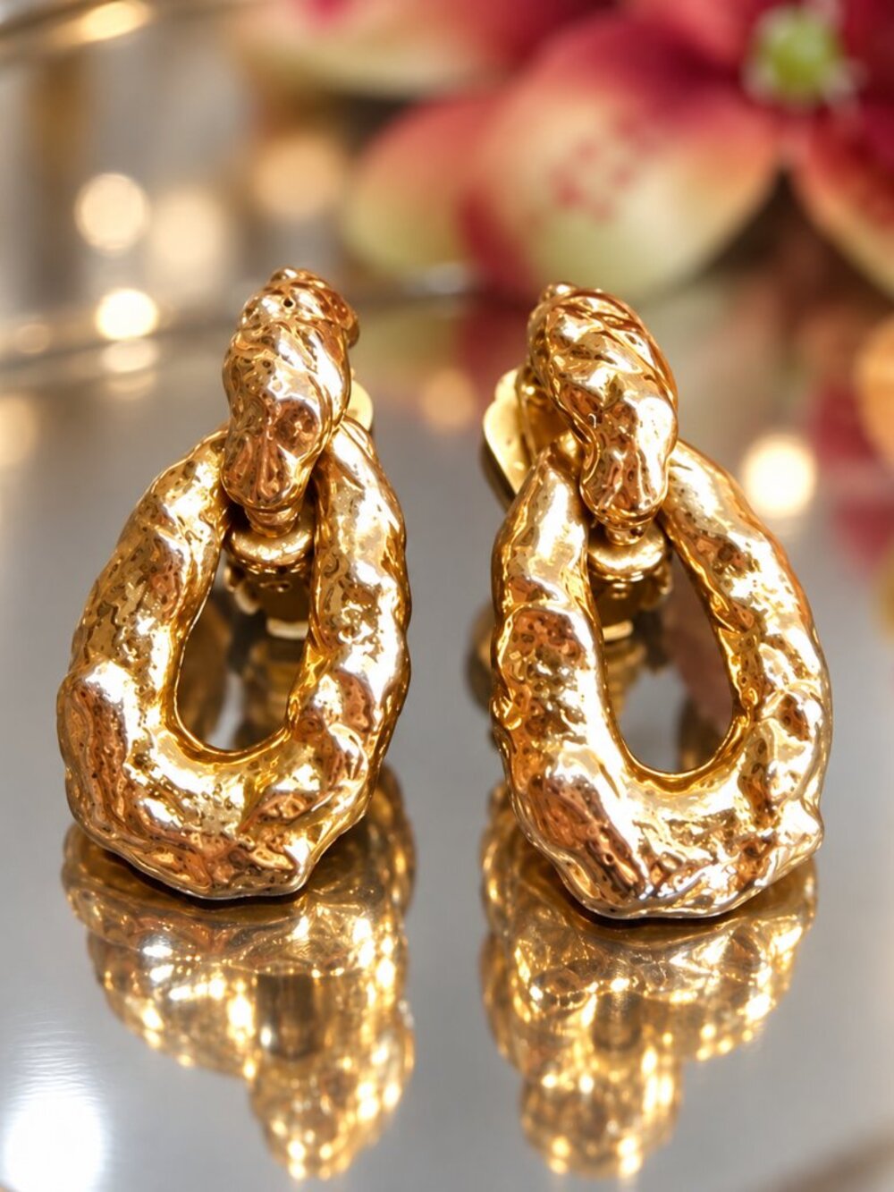 KJL Signed Modern Gold Door Knocker Hoop Clip Earrings 1980s Vintage Jewelry